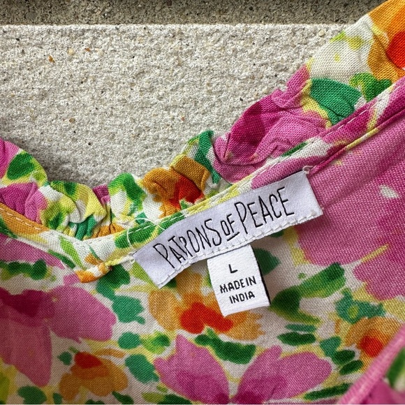 Patrons of Peace Malibu Dress L Floral Rayon Mini Tie Strap Ruffle India Boho - Picture 11 of 13
